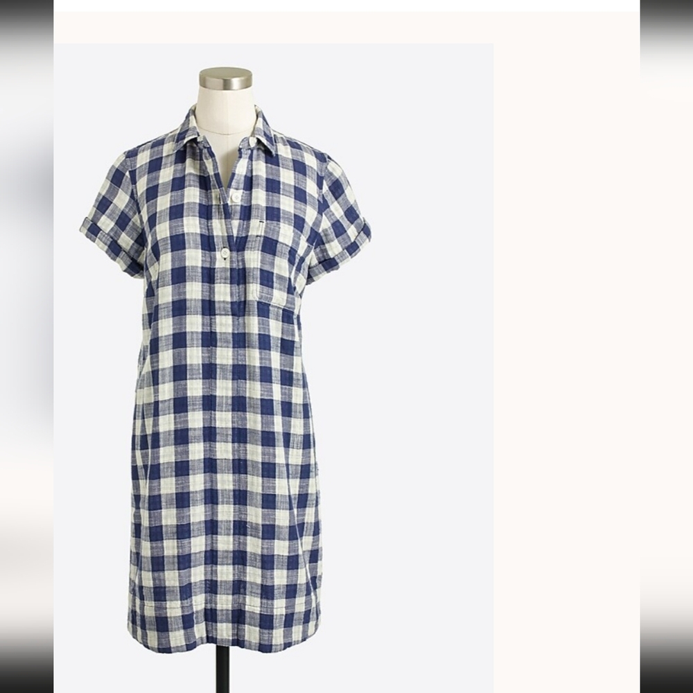 J. Crew Blue and White Plaid And Gingham Short Sleeve Dress